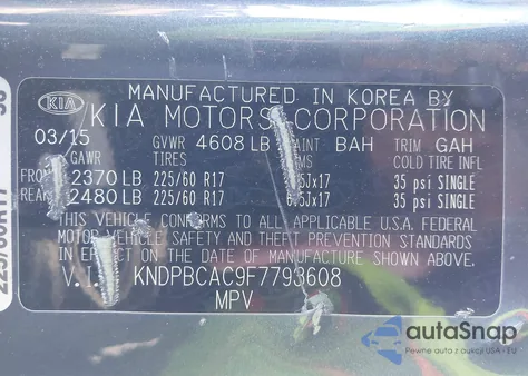 2015 Kia Sportage Lx z USA, uszkodzony, nr VIN KNDPBCAC9F7793608